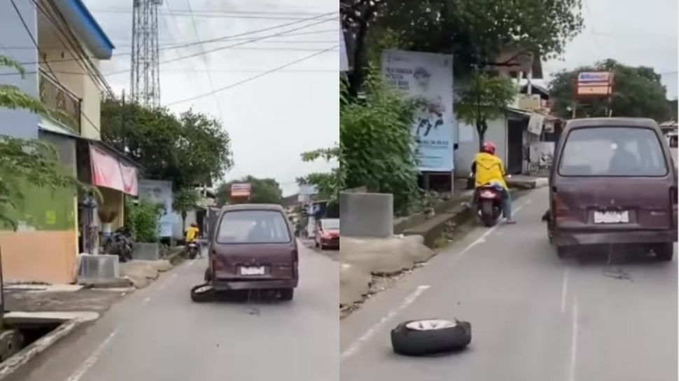 Mirip Adegan Film Komedi, Mobil Lawas Ngepot di Jalan, Satu Ban Belakang Lepas