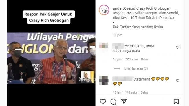 Ganjar Pranowo menekankan pentingnya ikhlas saat menanggapi crazy rich Grobogan, Joko Suranto, bangun jalan pakai uang pribadi. (Instagram/@underc0ver.id)